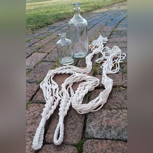 2 handmade 70s bohemian knotted beaded macrame plant hangers & glass bud bottles